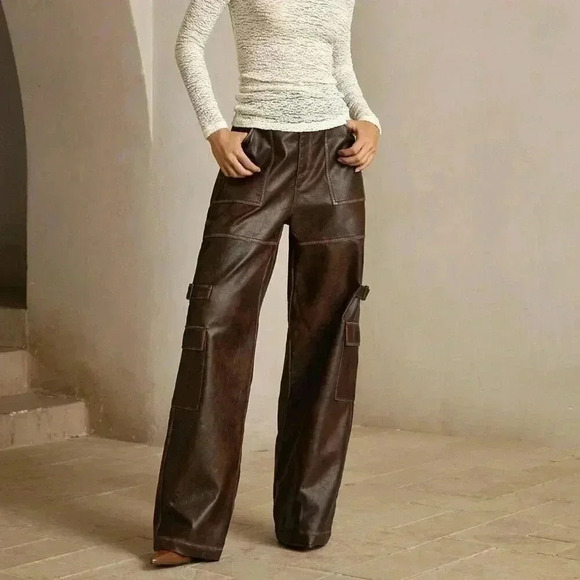 Pants - Coffee Brown Casual Women's Merlot Vintage Distressed Faux Cargo Pants